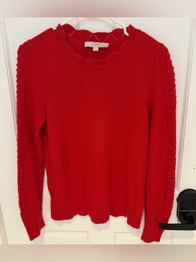 LOFT Red Cable-Trim Crewneck Sweater